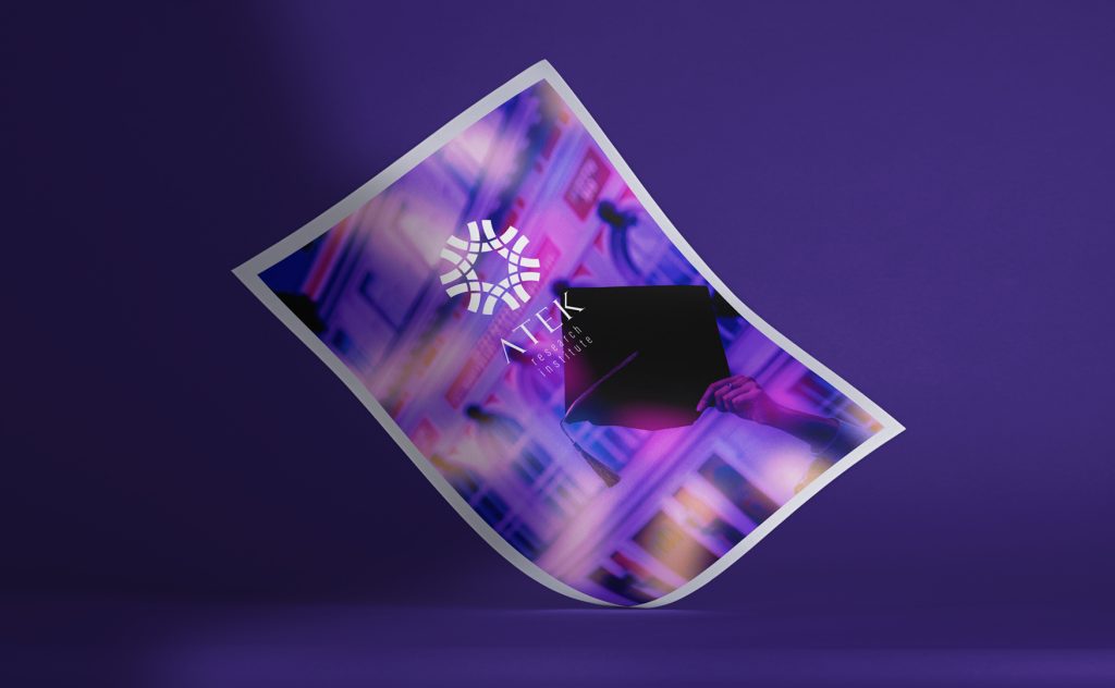 ATEK Research Institute poster with white logo on purple background and student image