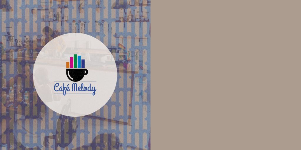 Café Melody logo on a mosaic-style background with a café interior