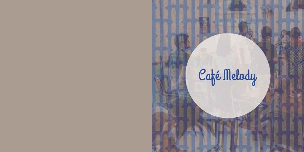 Café Melody wordmark logo on a café interior background with mosaic-style overlay