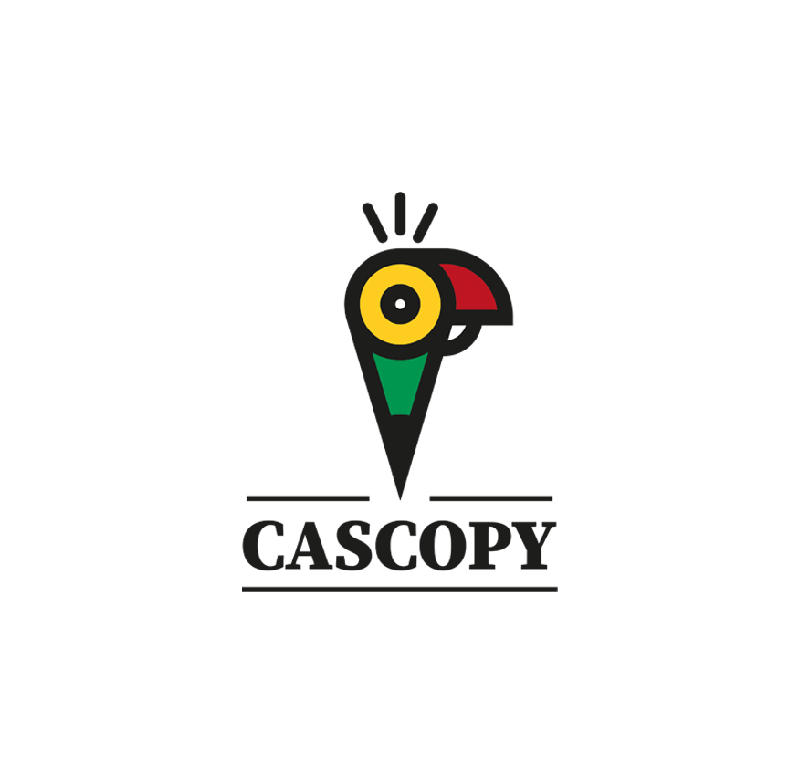 CAScopy logo design featuring a parrot shaped like a pencil and loudspeaker in bold yellow, red, green, and black colors, symbolizing creative copywriting and powerful messaging.