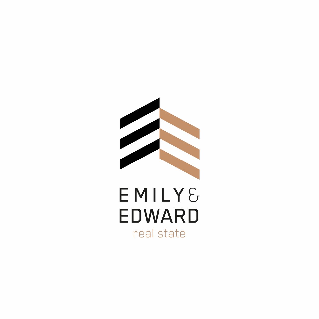 Logo design for Emily & Edward Real Estate, featuring geometric shapes inspired by the letter "E" forming the roof of a house, in black and beige colors.