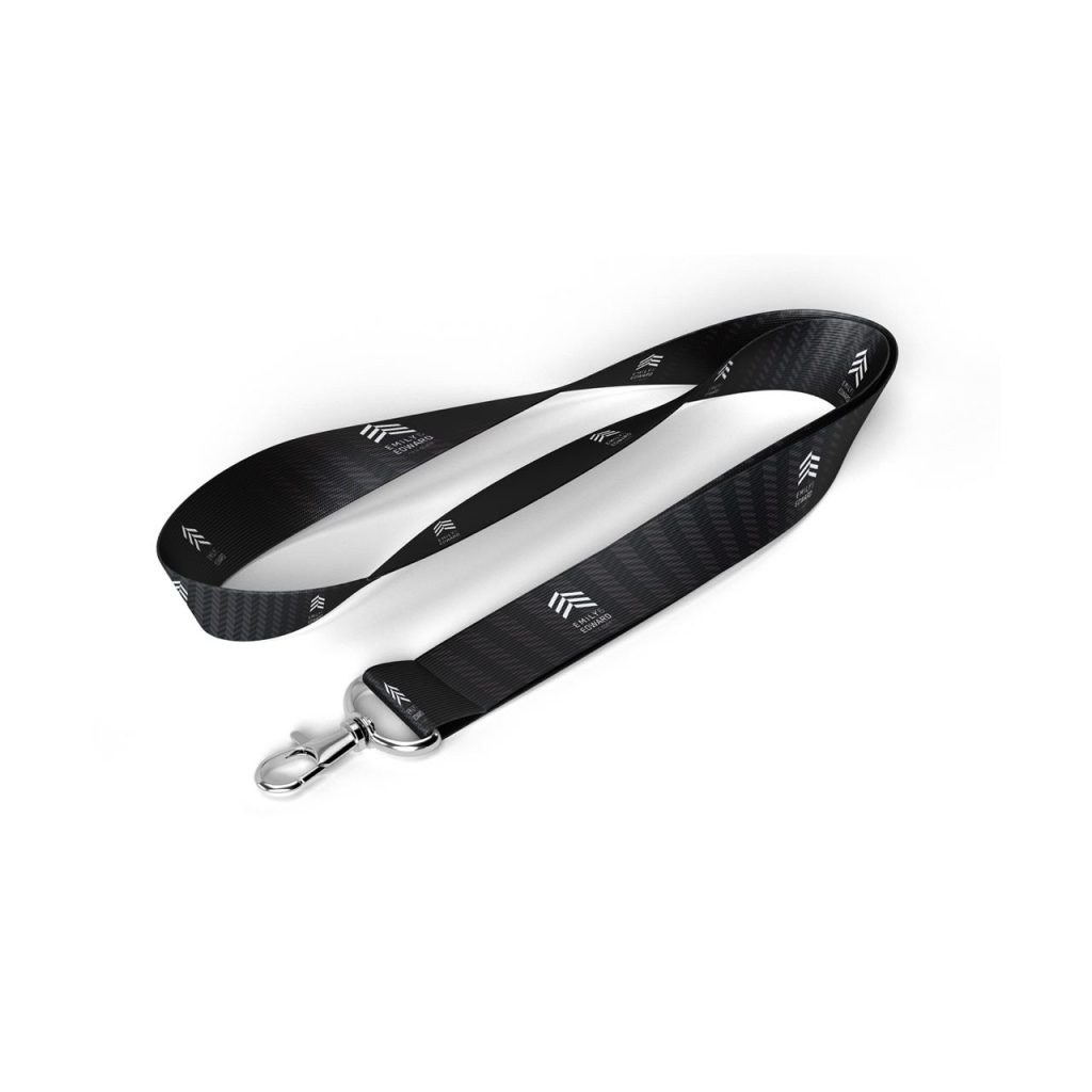 Emily & Edward real estate logo printed on a black lanyard with metallic hook.