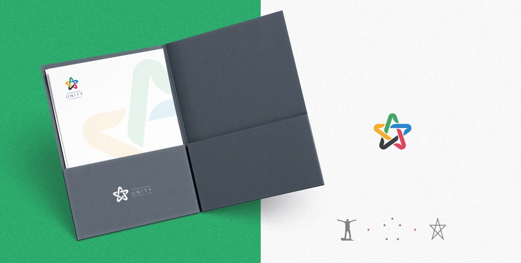 Unity Foundation logo design on corporate folder with colorful five-pointed star