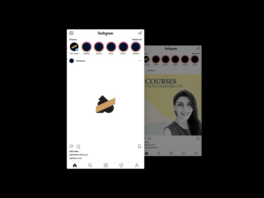 Instagram mockup of Hanooz brand with logo and Samira Ebrahimi’s activity